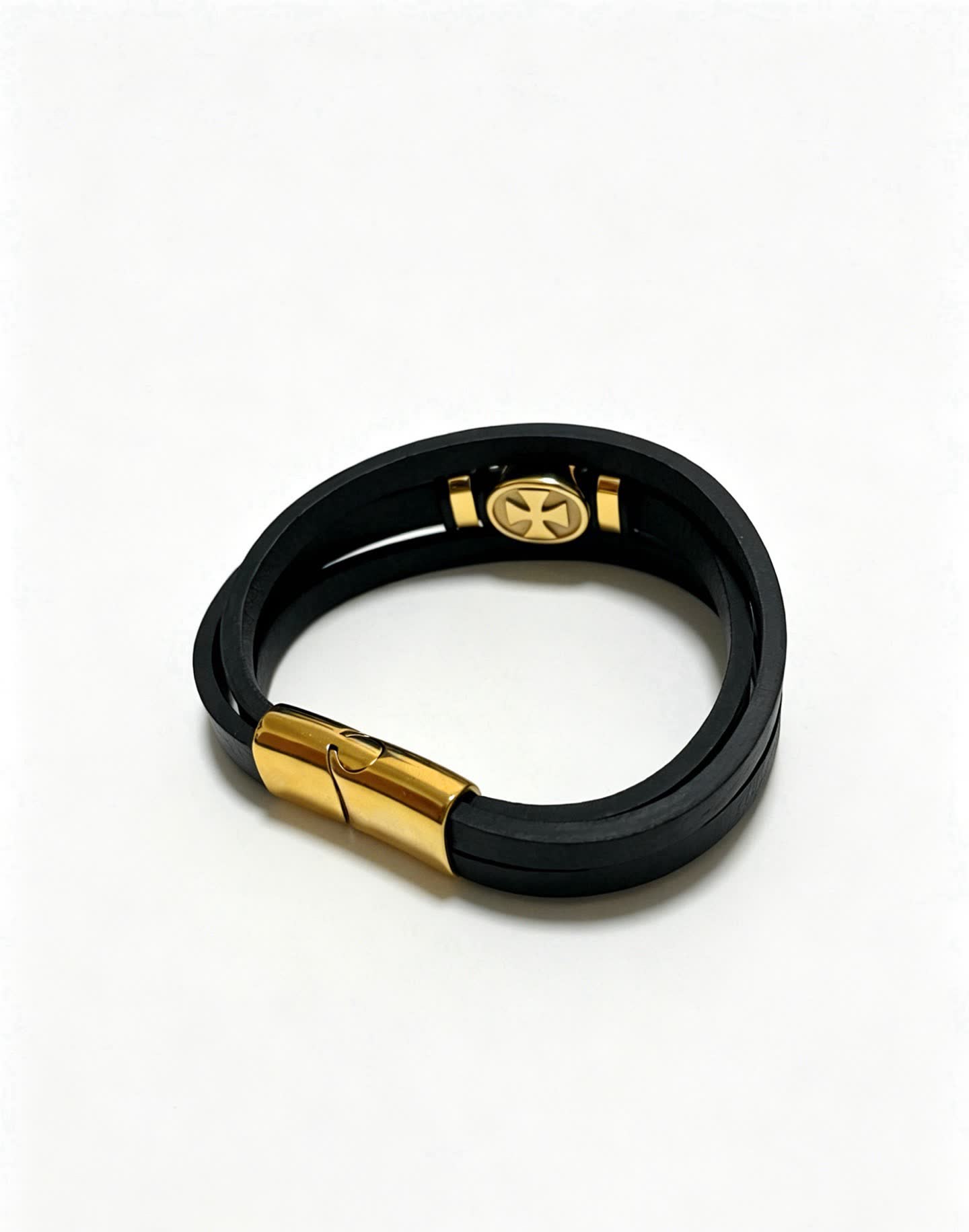 Chrome Hearts Black Leather Bracelet with Gold Cross